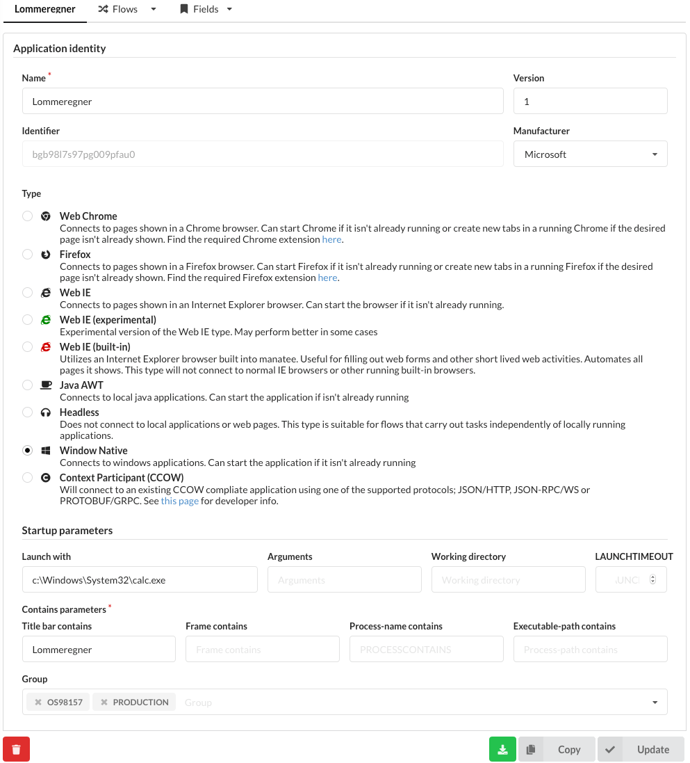 Application connfiguration