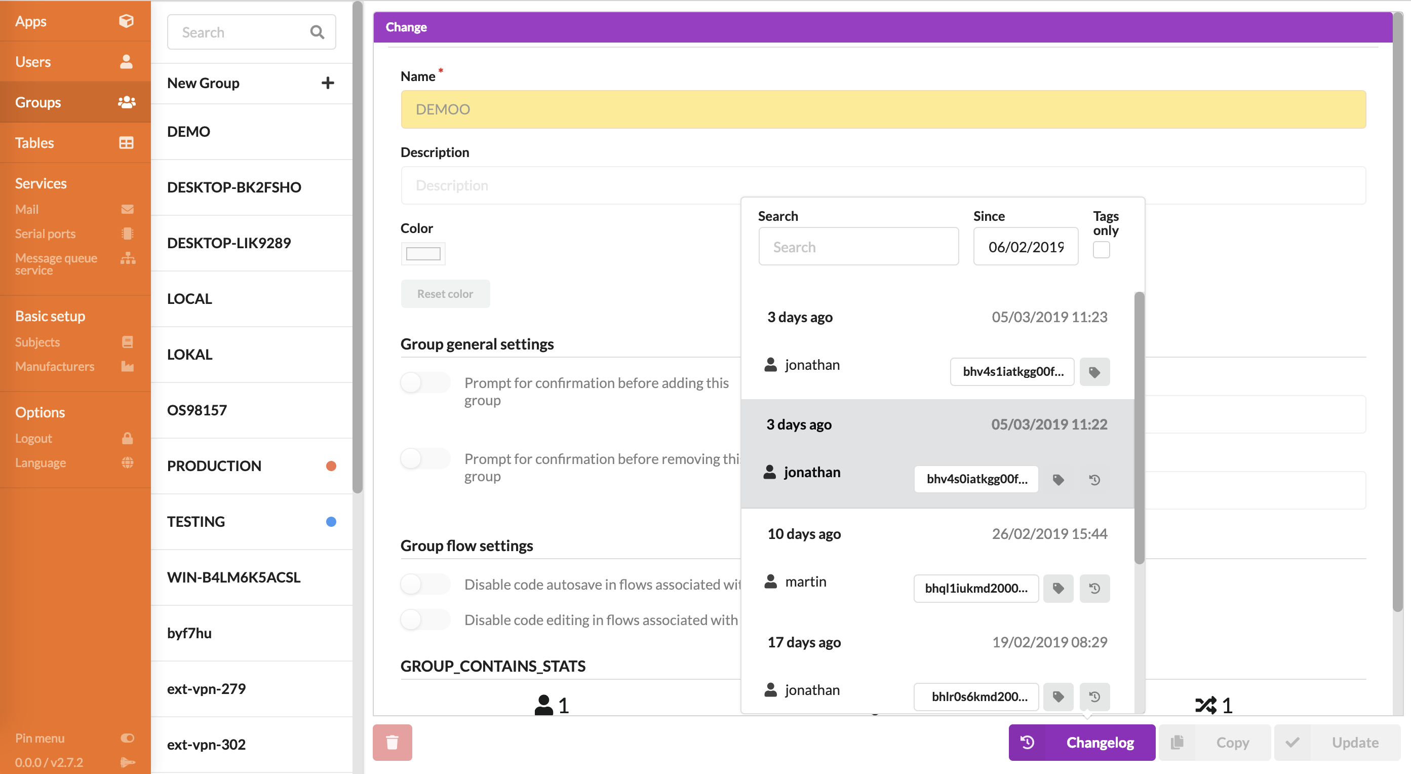 Group changelog view